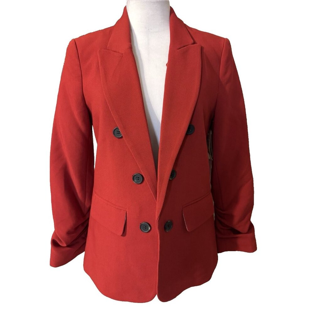 1. State Jacket Blazer Small Red Double Breasted Ruched Sleeve Spiced Apple NEW